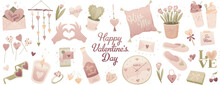 Valentine's Day Sticker Set. Romantic, Tender Love Elements For Wedding Decoration. Vector Illustrations Of Heart, Flowers, Presents, Envelope, Candy.
