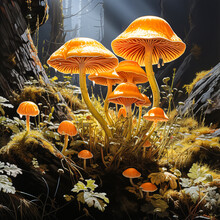 Enchanting Forest Scene With Inedible Mushrooms. An Illustrated Stock Image For Cards Or Books, Capturing The Magic And Whimsy Of Woodland Landscapes