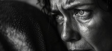 Monochrome Image Of A Woman In Tears With Copy Space
