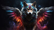 wolf with colorful wings on dark background