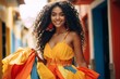 woman with the charm of Colombia and a vibrant colored dress dancing jubilantly