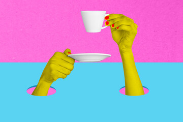 Poster - Horizontal magazine photo collage of two hands hold teacup drink hot tasty coffee concept of break rest pause on creative background