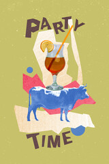 Wall Mural - Vertical collage picture of mini cow hold big alcohol cocktail glass party time isolated on painted green background