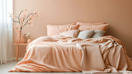 Wall Mural - A cozy bedroom with a bed dressed in soft peach fuzz color bedding. Modern trendy tone hue shade