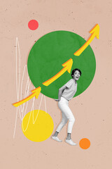 Poster - Vertical collage picture of impressed black white colors girl arms hold big green ball arrow pointer upwards isolated on beige background