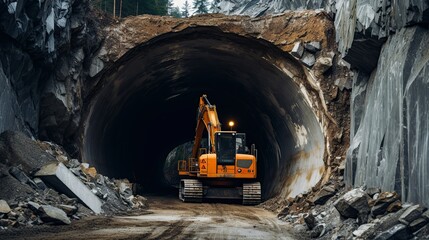 excavator in the mountain drilling making a tunnel