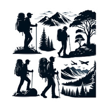 Set Of Hiker Silhouette Vector Illustration