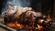 Roasted lamb on the coals in the barbecue. Close up