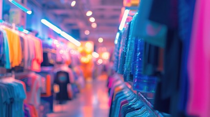 Canvas Print - A store with racks of clothes and neon lights in the background, AI