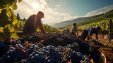 Fototapeta  - Workers harvest grapes, ready to craft the essence of exquisite wine
