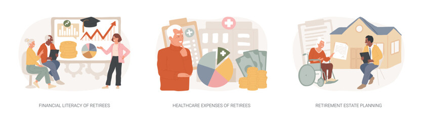 Poster - Retiree budget plan isolated concept vector illustration set. Financial literacy of retirees, healthcare expenses, retirement estate planning, health insurance plan, law advisor vector concept.