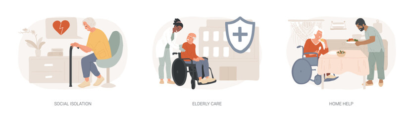 Poster - Older people living isolated concept vector illustration set. Social isolation, elderly care, home help, disabled people, medical nursing home, healthcare service, care allowance vector concept.