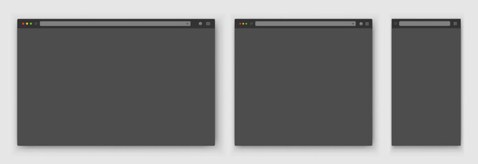 Fototapete - A set of gray browser windows of different shapes on a gray background. Website layout with search bar, toolbar and buttons. Vector EPS 10.