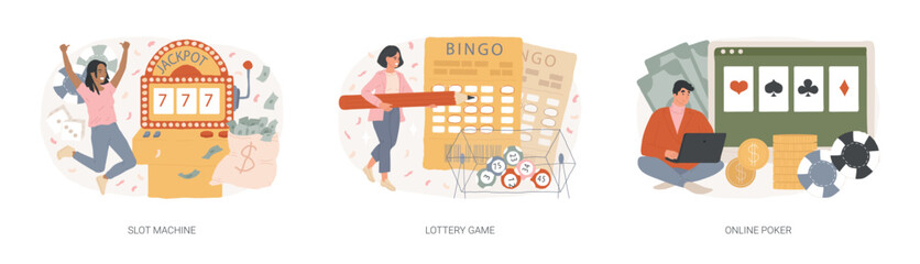 Poster - gambling isolated concept vector illustration set. slot machine, lottery game ticket, online poker, 