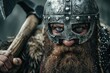 Man as a Viking warrior, with a helmet and axe, fierce expression