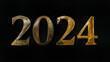 © Corri Seizinger - Silvester New Year, New Year's Eve 2024 party event celebration holiday greeting card template - Closeup of gold glittering metal metallic 3d year number, isolated on black table texture background