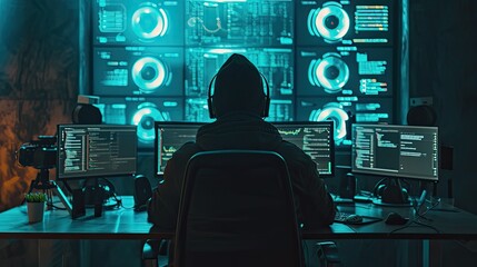 Wall Mural - Hacker using laptop. Lots of digits on the computer screen.