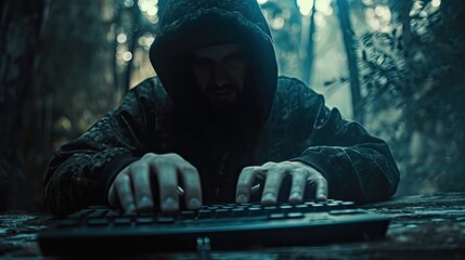 Poster - Hacker using laptop. Lots of digits on the computer screen.