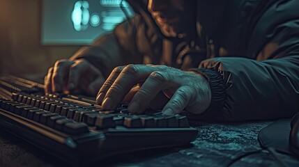 Poster - Hacker using laptop. Lots of digits on the computer screen.