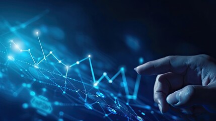 Poster - Hand pointing at abstract upward digital chart arrow on blue background. Finance concept