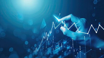 Poster - Hand pointing at abstract upward digital chart arrow on blue background. Finance concept