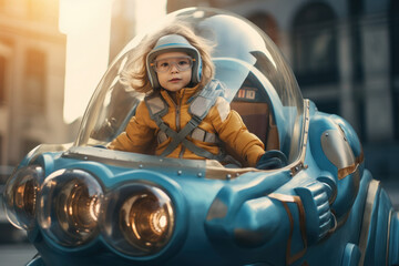 Bright futuristic illustration of a little boy driving a spaceship in the city