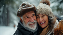 Close up portrait of smiling mature spouses hugging outdoors, wear warm winter clothes enjoy time together and walk in winter forest, falling snow on background. Love, relations concept