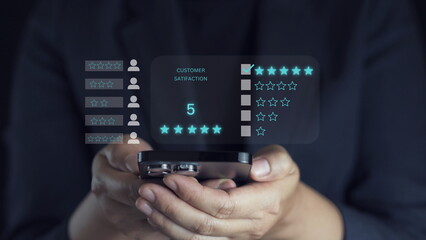 Wall Mural - Customer review satisfaction feedback survey concept, User give rating to service experience on online application, Customer can evaluate quality of service leading to reputation ranking of business.