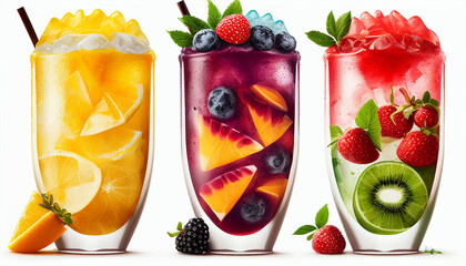 Wall Mural - Fresh fruit cocktails in front with the fruit separated on a white background