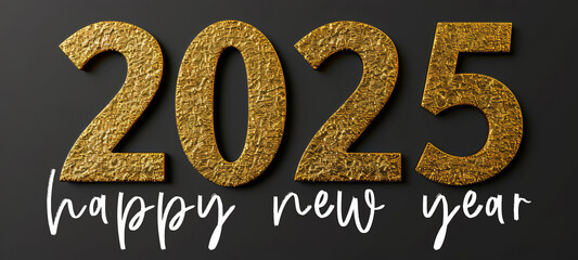 Wall Mural - Happy new Year Silvester New Year, New Year's Eve 2025 party event celebration holiday greeting card template with text - Gold glittering metal metallic 3d year number, isolated on black background