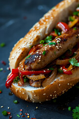 Wall Mural - hot dog with vegetables and meat, with chili pepper