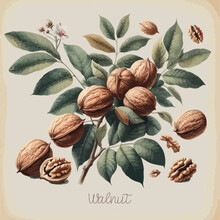 Watercolor Walnut Vintage Retro Poster Design. Vector Walnut Illustration, Fruits Theme.