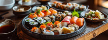Different Types Of Rolls And Sushi On A Round Plate, On A Wooden Table