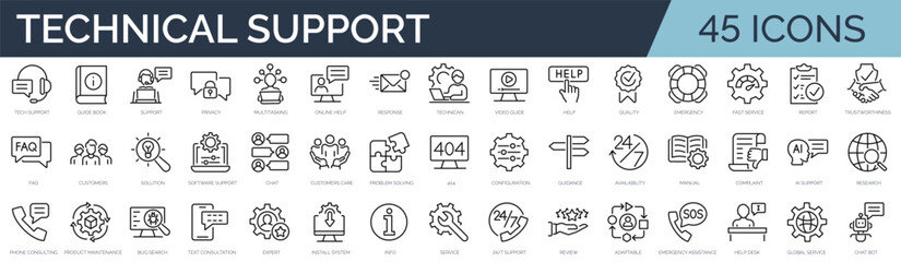 Set of 45 outline icons related to technical support. Linear icon collection. Editable stroke. Vector illustration