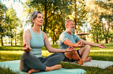 Wall Mural - Relaxation during outdoors yoga. Calm elderly couple meditating together in lotus position under morning sun at summer park. Caucasian man and woman keeping eyes closed and hands in mudra gesture.