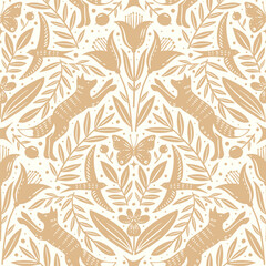 hand drawn floral woodland seamless pattern, decorative animals, fox, bird, flowers seamless pattern