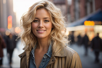 Portrait of a adult blonde woman in New York city street