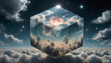 A Cube In The Sky With Clouds And Stars Around It And A Bright Star Above It In The Sky