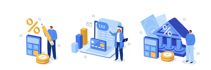 Poster - taxes set. collections of characters preparing and calculating tax declaration and making income tax