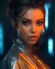 Wall Mural - Portrait of a beautiful futuristic woman, neon color.