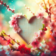 Wall Mural - heart shape collect with blooming spring flowers on blurred green background. ai generative