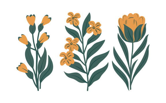 Set of elegant silhouettes of spring flowers, branches and leaves, illustration