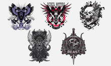 Set Of Vintage Motorcycle Emblems, Labels, Badges, Logos And Design Elements. Monochrome Style. Skull In Beret And Wings T-shirt Print Concept. Vector Illustration