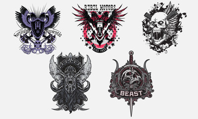 Set of vintage motorcycle emblems, labels, badges, logos and design elements. Monochrome style. Skull in beret and wings t-shirt print concept. Vector illustration