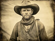 A vintage tintype photo capturing a rugged 19th-century American cowboy with a timeless charm.