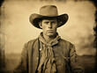 © domi002 - A vintage tintype photograph capturing a rugged 19th-century American cowboy with a hat and lasso.