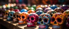 Colorful Mexican Sugar Skulls On Display In A Souvenir Shop. Mexican Traditional Holiday  Día De Los Muertos - Day Of The Dead Concept. Mexican Sugar Skulls For Sale.