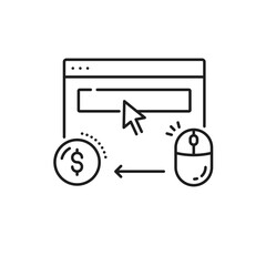Leinwandbilder - Pay per click. Serp icon. Search engine result page. Isolated vector linear ppc sign represents browser screen, pointer, mouse and dollar symbol, symbolizing the cost-per-click advertising model