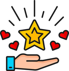 Aufkleber - Brand recognition. SEM. Search engine marketing. Search engine marketing campaign analysis or social media ads performance online service outline vector icon, SEM pictogram with star in human hand