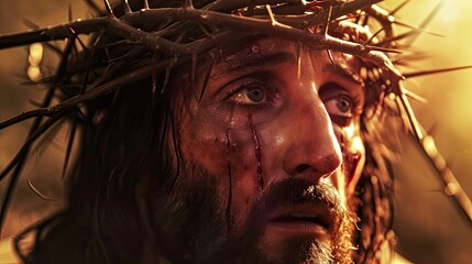 Wall Mural - Generative AI, Jesus Christ in crown of thorns, photo close up